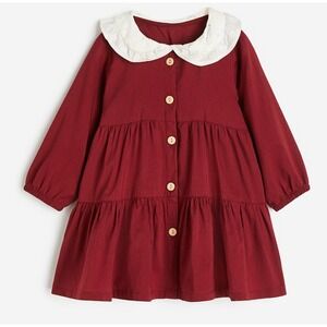 H&M Burgundy Long Sleeve Tiered Dress with White Lace Collar Dress
